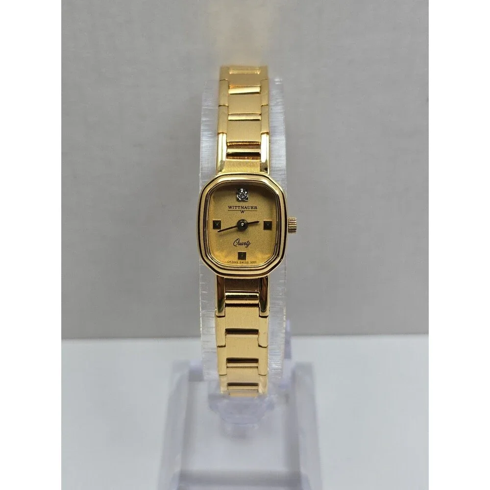 Vintage Wittnauer Womens Gold Tone Diamond Swiss Quartz Dress Watch New Battery